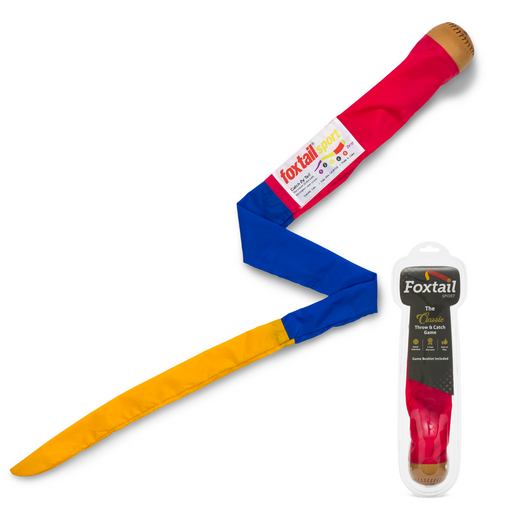 The Original Foxtail Sport features a brown ball with a red, blue, and yellow spiral tail—ideal for outdoor throw and catch. The packaging reads "Foxtail Sport: The Classic Throw & Catch" and notes its Klutz Press origin.