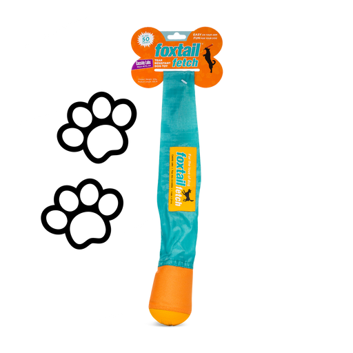A teal and orange Foxtail Fetch (Dog Toy) with a fabric tail is shown on a white background. Two black paw print graphics appear to the left of this slobber-free, durable toy.