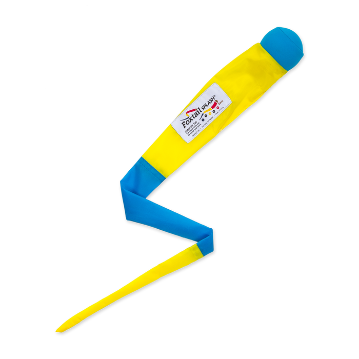 A yellow and blue zigzag fabric streamer with a round end, labeled Foxtail Splash!, rests on a white background. Its water-friendly ball design makes it perfect for fun water play.